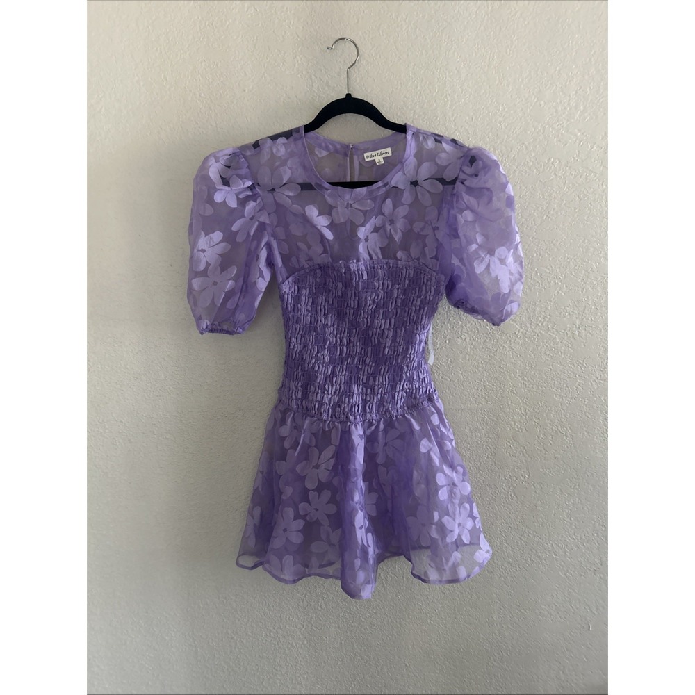 For Love & Lemons Ariandre Mini Dress Purple Sheer Floral Puff Sleeves Size S